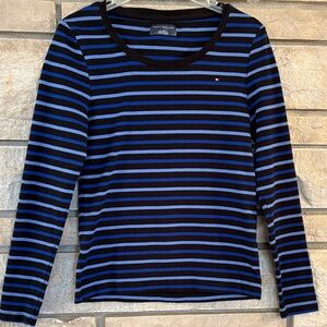 Tommy Hilfiger Women's Cotton Blue, Navy and Black Striped Long Sleeve Tee
